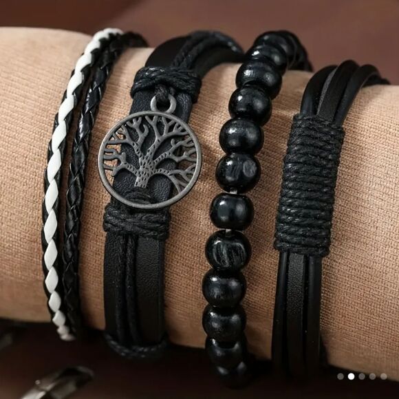 4pc leather bracelets set layered braided beaded black new tree of life e67 - Picture 1 of 2